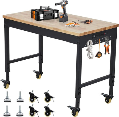 Adjustable Workbench for Garage, 72" x 25" Portable Work Bench, 2000 Lbs Capacity, Rubber Wood Workstation w/ 4 Rolling Casters