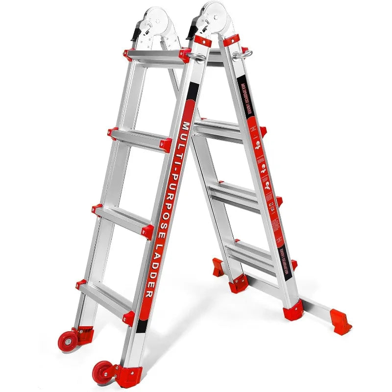 Ladder 17FT, A Frame 5 Step Telescoping Ladders with Stabilizer Bar & Wheels, Heavy Duty 330lbs Max Capacity