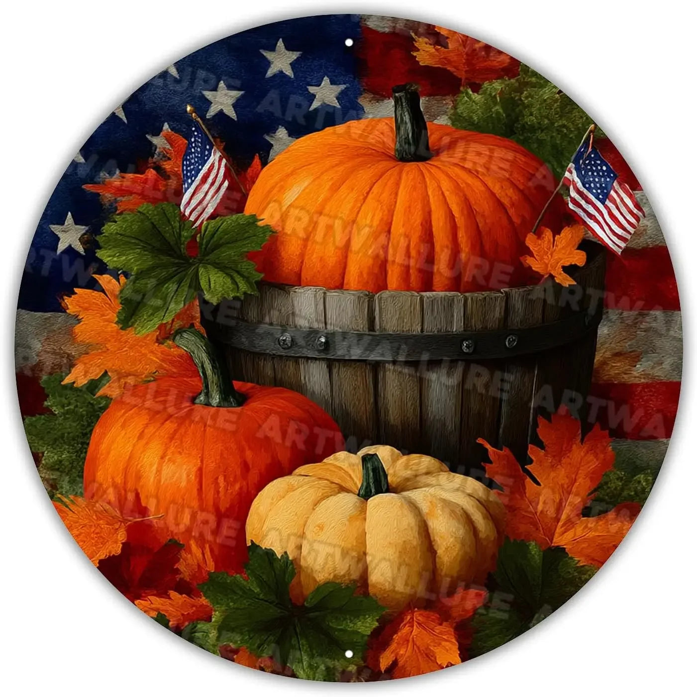 8x8" Round Fall Pumpkin Metal Tin Sign - Bird Wreath Decor, Farmhouse Home Living Room Coffee Bar Wall Art, Thanksgiving Gift