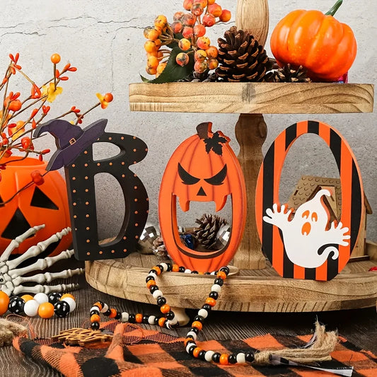 Vintage Halloween Tiered Tray Table Decorations, Wooden Signs with  Pumpkin & Witch Hat Ornaments for Party Home Decor