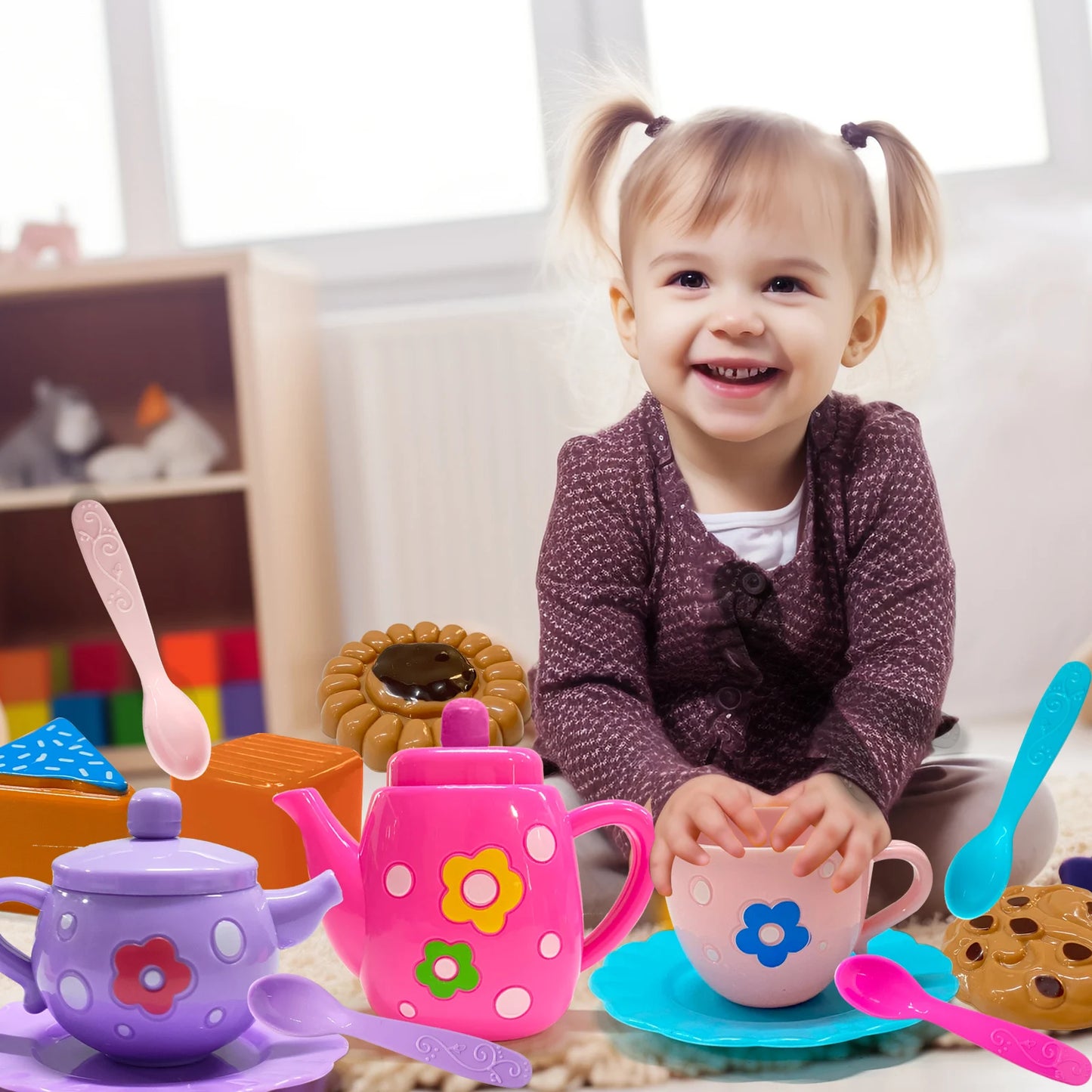 Tea Set For Little Girls, Tea Party Set, Tea Set Including Kettle, Cookies, Kids Play Food, Tea Party Accessories Toy