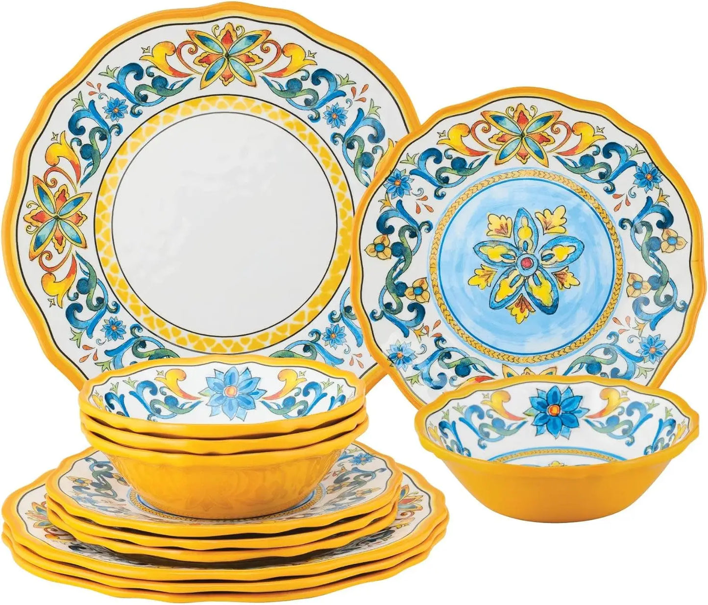 12 Piece Chianti Melamine Dinnerware Set, Outdoor Dishes Set, Plates and Bowls Sets, Service for 4, Multicolor