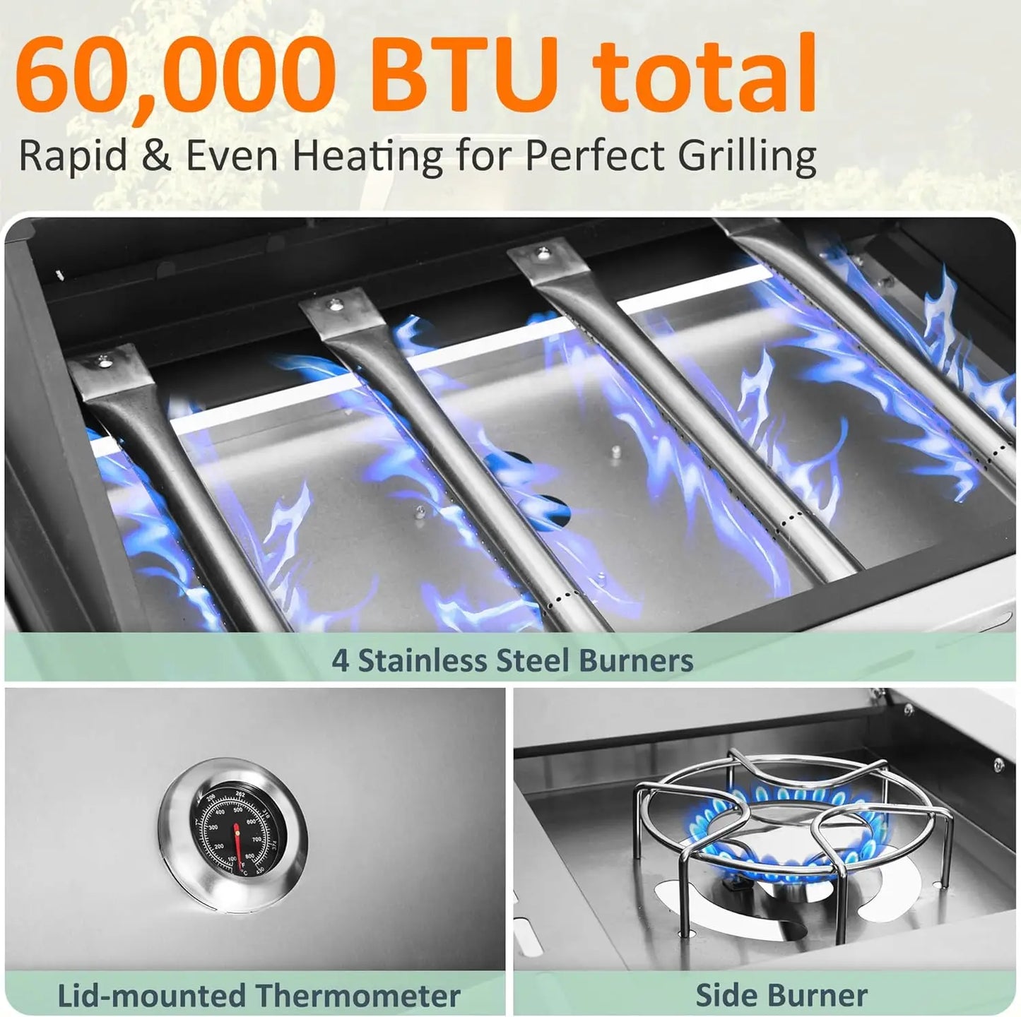 Propane Gas Grill 4 Burners with Side Burner, Stainless Steel Grill Cart with Wheels for Outdoor Patio Cooking