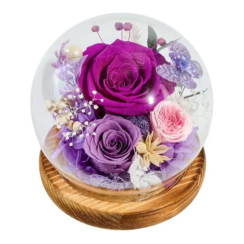 Preserved Rose Flower for Mom Wife Girlfriend in Glass Dome with Bamboo Base