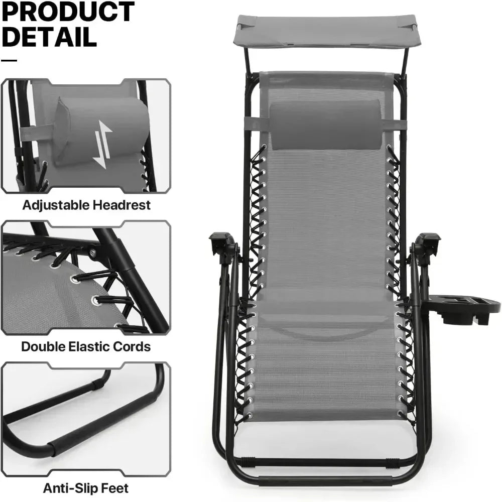 Set of 2 Outdoor Reclining Loungers with Sunshade and Headrest