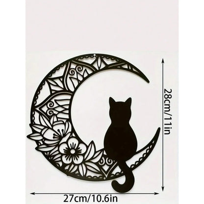 1PC Iron Moon & Black Cat Wall Decor (Wall Sculpture) | Spooky Halloween Autumn Home Hanging