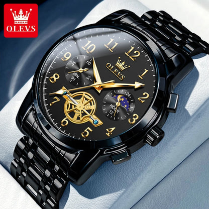 Moon Phase Watch Men Stainless Steel Waterproof Luminous Fashion Skeleton Chronograph Quartz