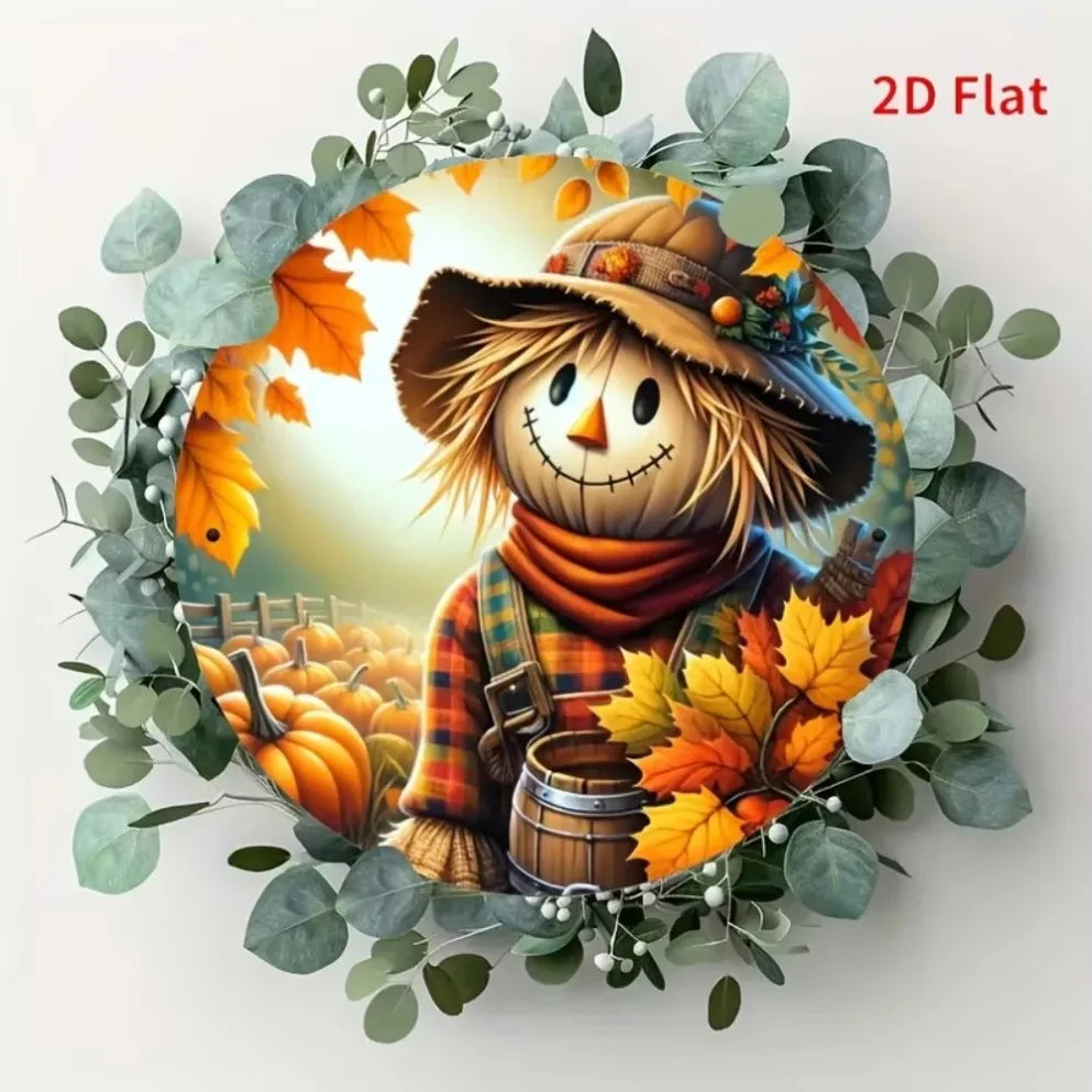 1pc 2D Flat Scarecrow Metal Sign – Cute Aluminum Art in Autumn Basket, Ideal for Halloween Farm Garland Decor & Room Art