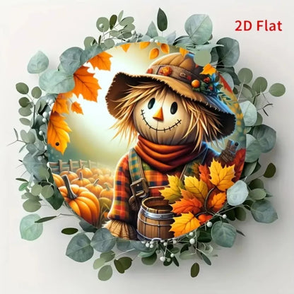 1pc 2D Flat Scarecrow Metal Sign – Cute Aluminum Art in Autumn Basket, Ideal for Halloween Farm Garland Decor & Room Art