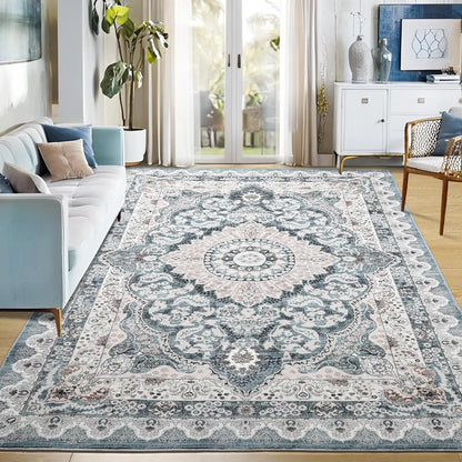 Area Rugs for most rooms in your home Machine Washable Vintage Rug, Non-Slip Low Pile Throw Rugs with Rubber Backing