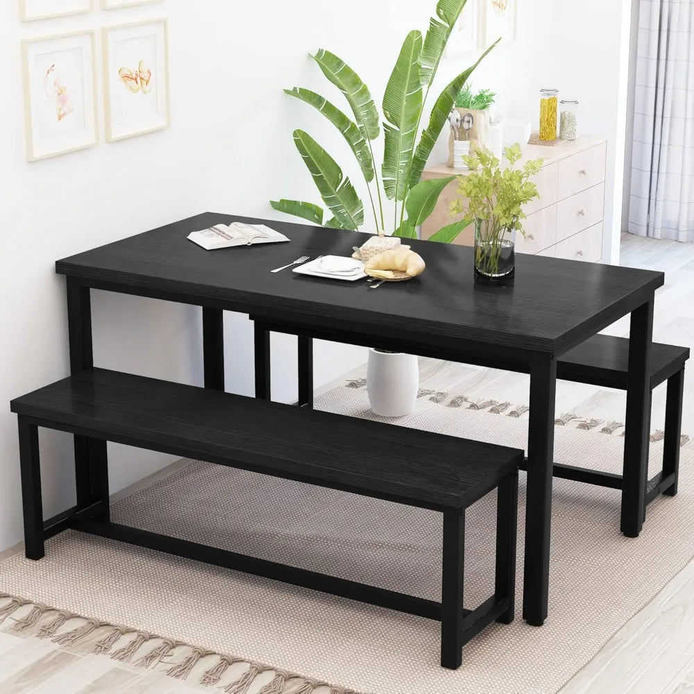 Dining Table Set for 4 Kitchen Table Set with 2 Dining Benches, 3 Piece Farmhouse Dining Room Table Set