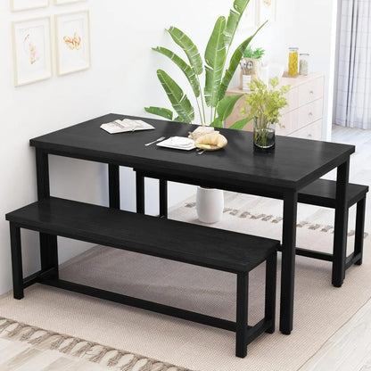 Dining Table Set for 4 Kitchen Table Set with 2 Dining Benches, 3 Piece Farmhouse Dining Room Table Set