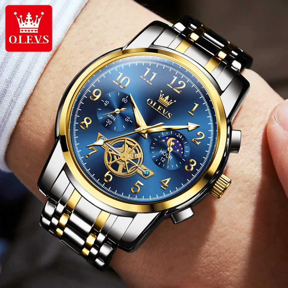 Moon Phase Watch Men Stainless Steel Waterproof Luminous Fashion Skeleton Chronograph Quartz