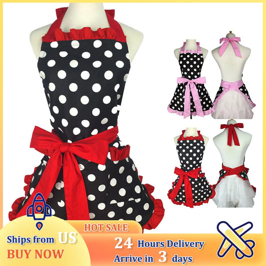 Women Cute Apron Retro Red Polka Dot Sleeveless Aprons with Pockets Ruffle Adjustable for Girls Kitchen Aprons