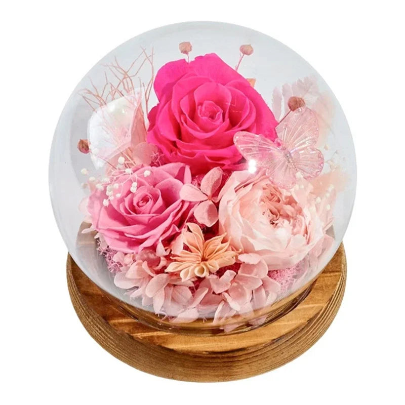 Preserved Rose Flower for Mom Wife Girlfriend in Glass Dome with Bamboo Base