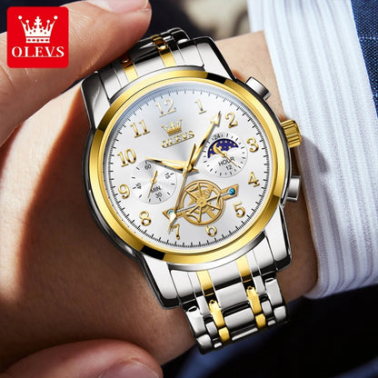 Moon Phase Watch Men Stainless Steel Waterproof Luminous Fashion Skeleton Chronograph Quartz