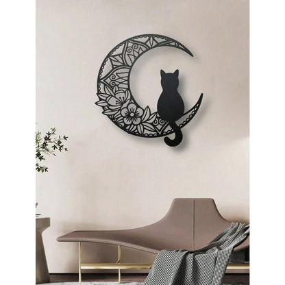 1PC Iron Moon & Black Cat Wall Decor (Wall Sculpture) | Spooky Halloween Autumn Home Hanging