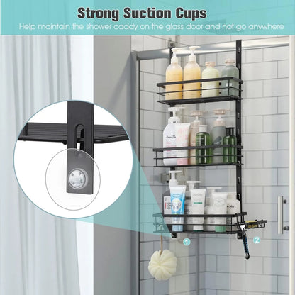 Over-Door Adjustable Rustproof Shower Caddy with Shelves & Hooks Shampoo & Soap Holder for Bathroom & Kitchen Storage - Black