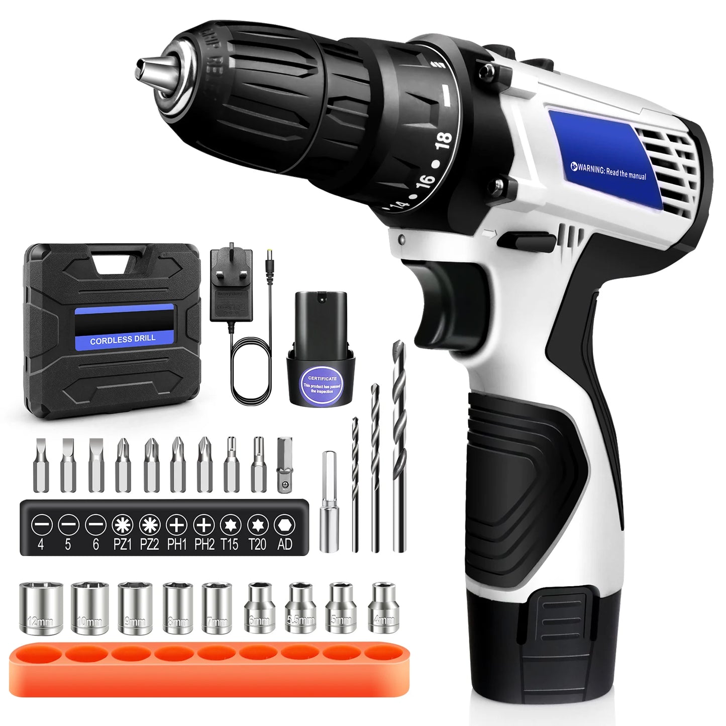 Mini Cordless Drill Driver Kit,12V Electric Screwdriver Tool+LED Work Light,High Torque 45N.m,3/8Inch Keyless Chuck,18+1