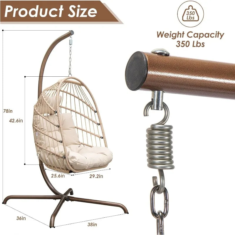 Hanging Egg Chair with Stand. Outdoor Swinging Chair.  Foldable Basket for Indoor Bedroom Patio Garden 350lbs Capacity (Beige