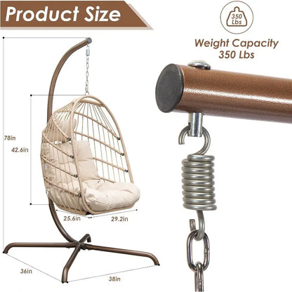 Hanging Egg Chair with Stand. Outdoor Swinging Chair.  Foldable Basket for Indoor Bedroom Patio Garden 350lbs Capacity (Beige
