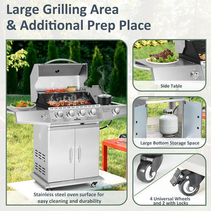 Propane Gas Grill 4 Burners with Side Burner, Stainless Steel Grill Cart with Wheels for Outdoor Patio Cooking