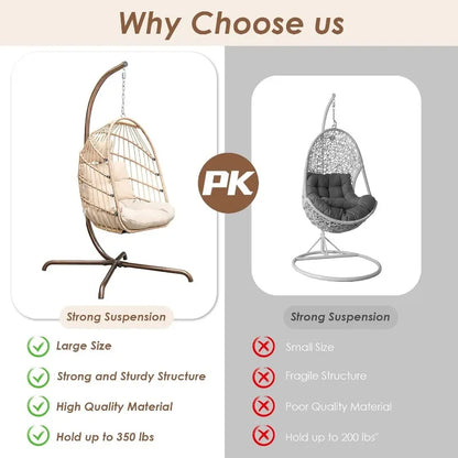 Hanging Egg Chair with Stand. Outdoor Swinging Chair.  Foldable Basket for Indoor Bedroom Patio Garden 350lbs Capacity (Beige