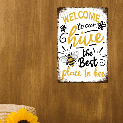 Welcome Metal Signs, Tin Plaque Painting Retro Bee Decoration Plate Iron Wall Art Decor for Home Bedroom Farm