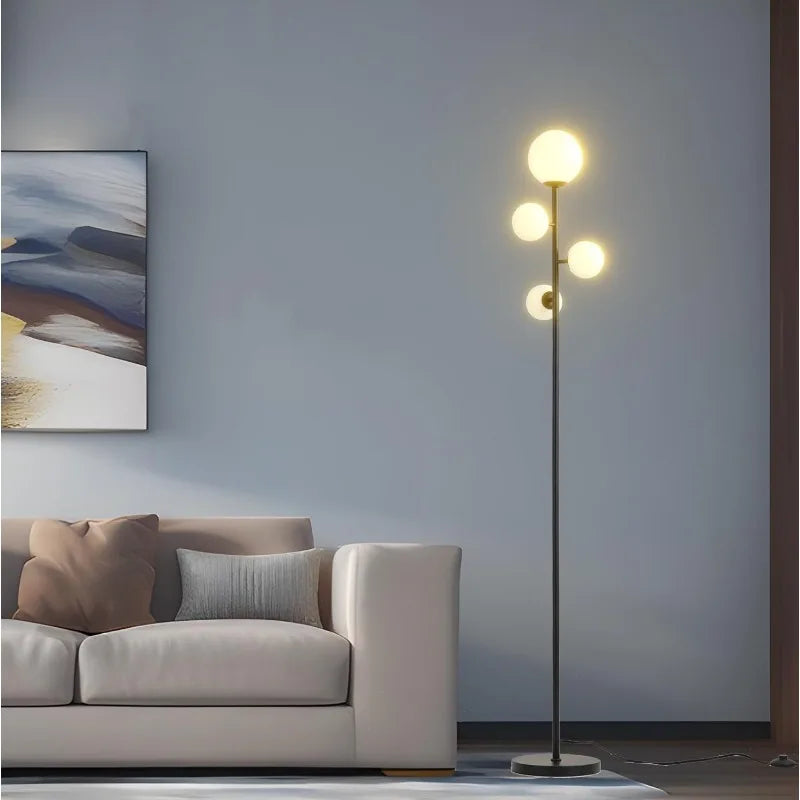 4 Globe Black Floor Lamp, Mid Modern Tree Standing Lamp with Frosted Glass Shade & 4 LED Bulbs, Contemporary Torchiere Tall