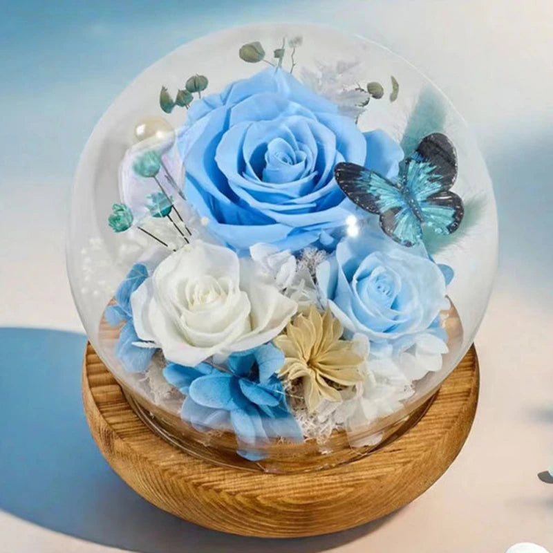 Preserved Rose Flower for Mom Wife Girlfriend in Glass Dome with Bamboo Base