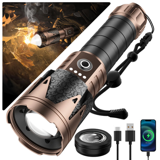 High-lumen LED flashlight with ignition lens, super bright outdoor tactical flashlight, zoom, five modes