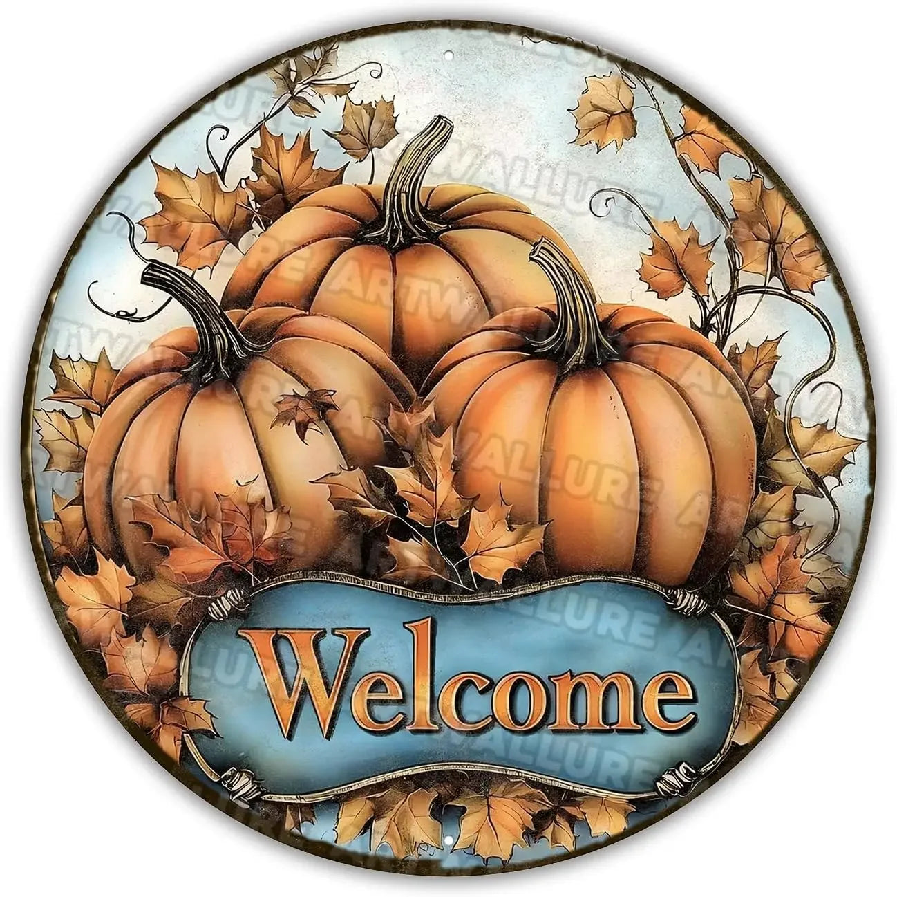 8x8" Round Fall Pumpkin Metal Tin Sign - Bird Wreath Decor, Farmhouse Home Living Room Coffee Bar Wall Art, Thanksgiving Gift