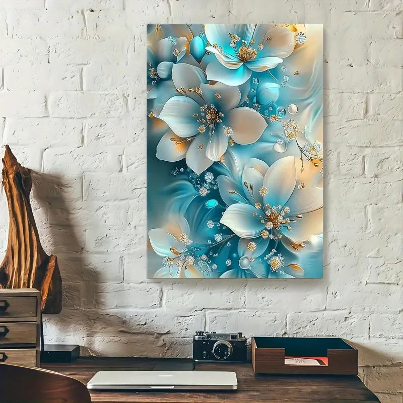 Elegant Oil Painting Artwork Framed Serene Blue and White Flowers with Gold Accents