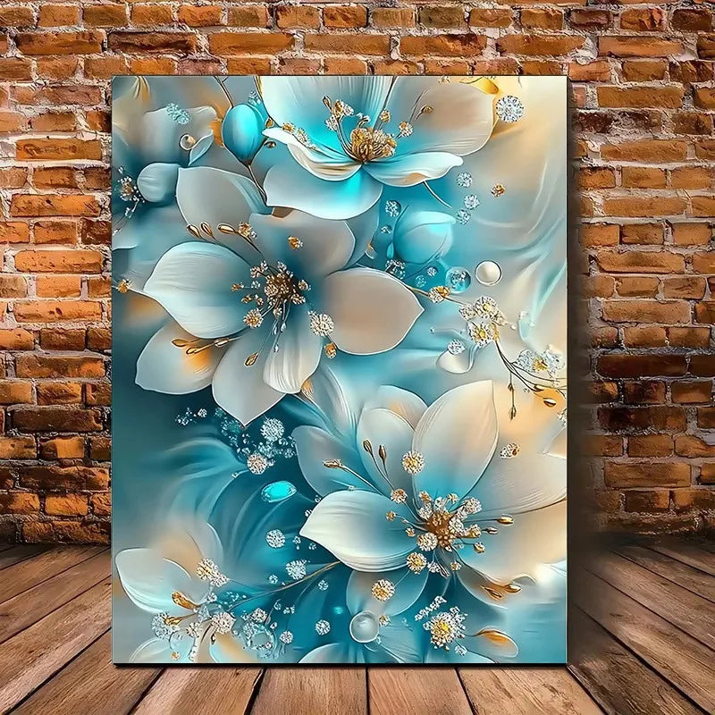 Elegant Oil Painting Artwork Framed Serene Blue and White Flowers with Gold Accents