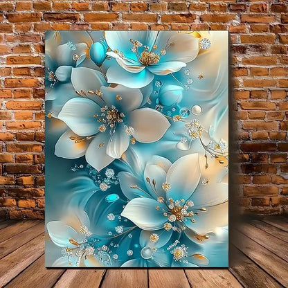 Elegant Oil Painting Artwork Framed Serene Blue and White Flowers with Gold Accents