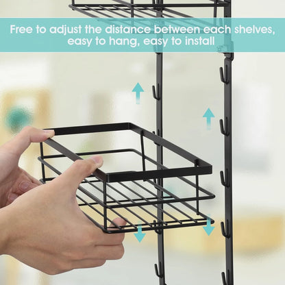 Over-Door Adjustable Rustproof Shower Caddy with Shelves & Hooks Shampoo & Soap Holder for Bathroom & Kitchen Storage - Black