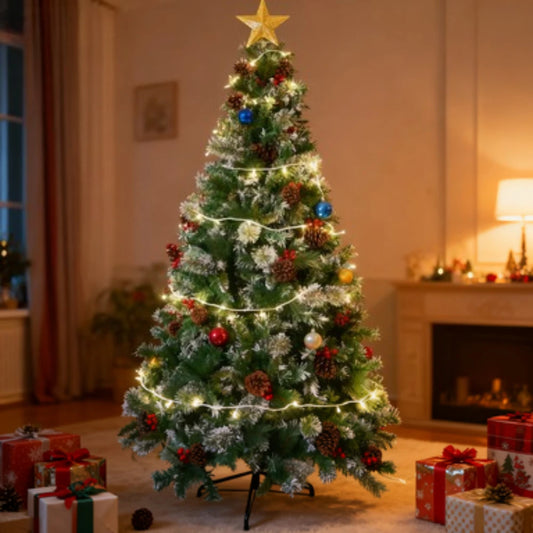 6ft Pre-Lit Artificial Spruce Christmas Tree with Pinecones & Berries, 180cm Realistic Full Xmas Tree for Home Holiday Decor