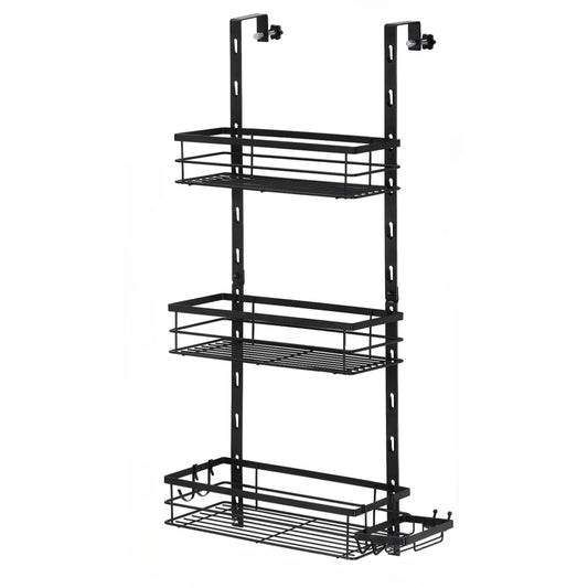 Over-Door Adjustable Rustproof Shower Caddy with Shelves & Hooks Shampoo & Soap Holder for Bathroom & Kitchen Storage - Black