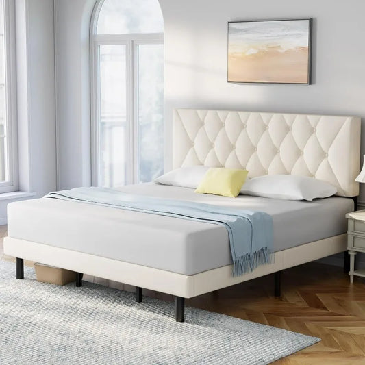 Queen size bed frame with adjustable headboard, no box spring required, non-slip and noise-free, easy to assemble, sturdy