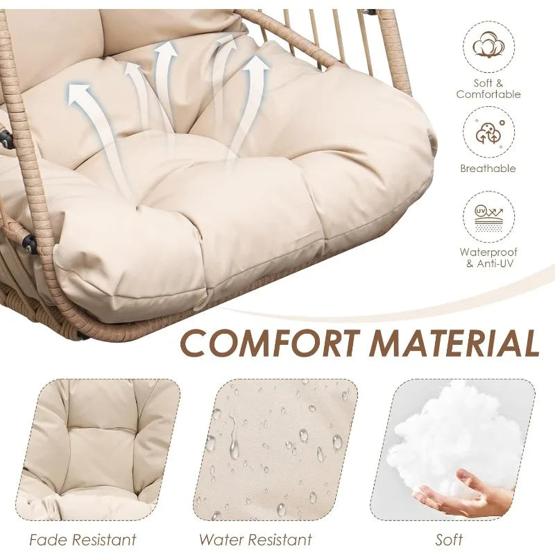Hanging Egg Chair with Stand. Outdoor Swinging Chair.  Foldable Basket for Indoor Bedroom Patio Garden 350lbs Capacity (Beige