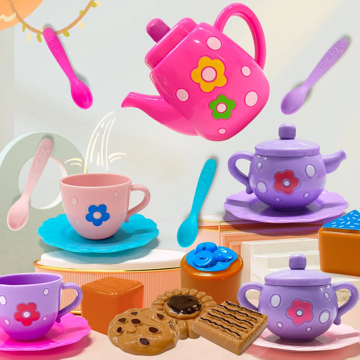 Tea Set For Little Girls, Tea Party Set, Tea Set Including Kettle, Cookies, Kids Play Food, Tea Party Accessories Toy