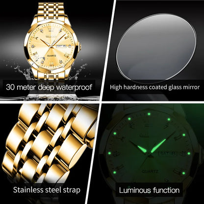Men‘s Watches Gold Original Quartz Wristwatch Waterproof Luminous Watch for Male Rhombus Mirror Date Week Luxury Dress