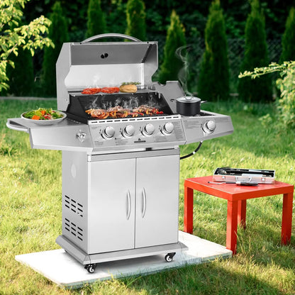 Propane Gas Grill 4 Burners with Side Burner, Stainless Steel Grill Cart with Wheels for Outdoor Patio Cooking