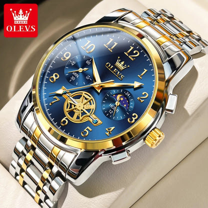 Moon Phase Watch Men Stainless Steel Waterproof Luminous Fashion Skeleton Chronograph Quartz