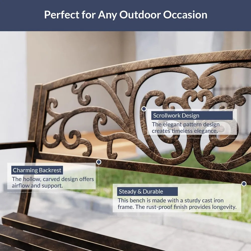 Outdoor Garden Bench, 50-inch Cast Iron Metal for Yard, Porch, Lawn, Patio