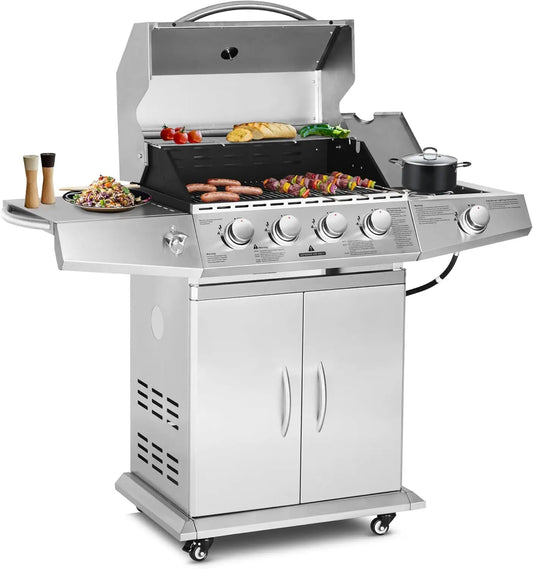 Propane Gas Grill 4 Burners with Side Burner, Stainless Steel Grill Cart with Wheels for Outdoor Patio Cooking