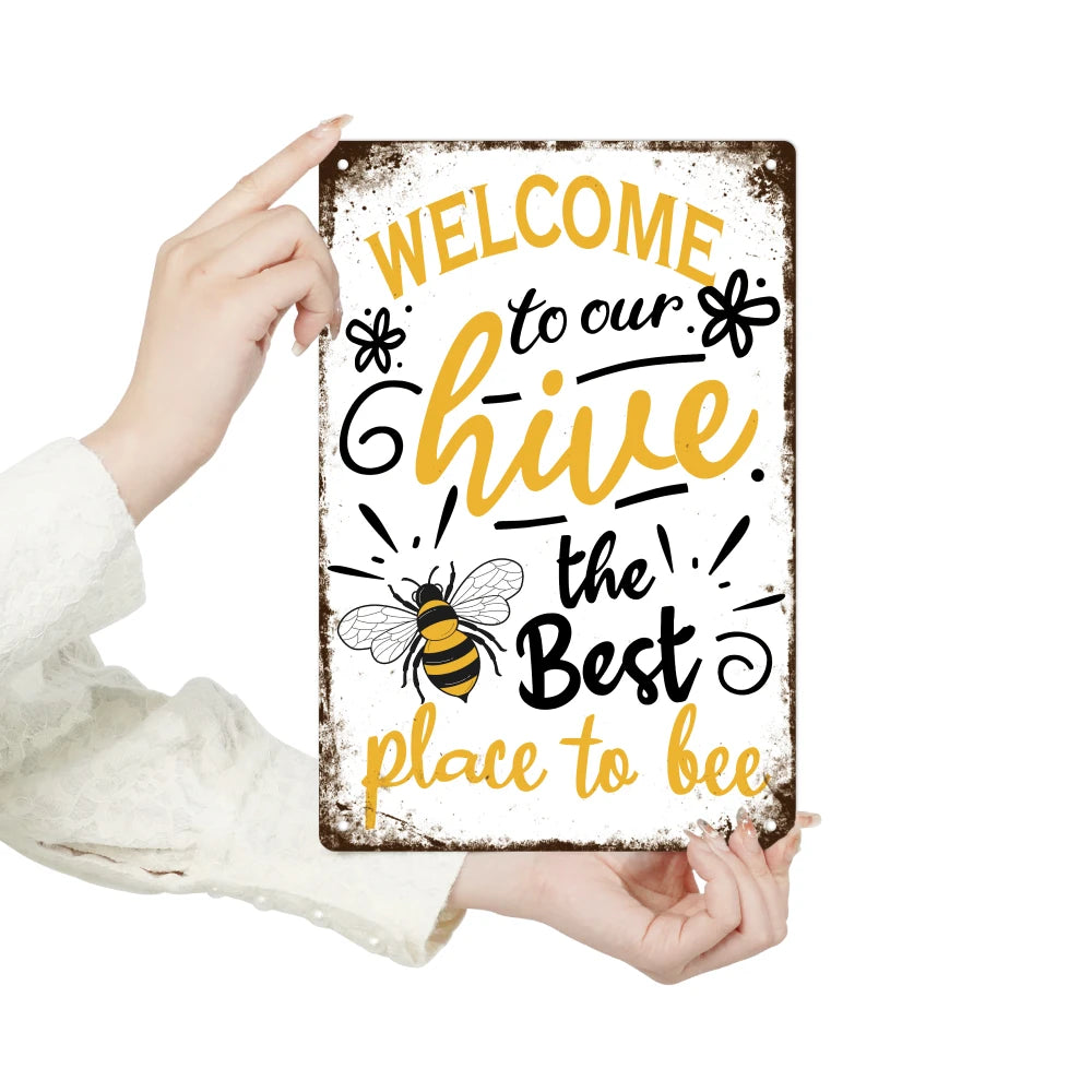 Welcome Metal Signs, Tin Plaque Painting Retro Bee Decoration Plate Iron Wall Art Decor for Home Bedroom Farm