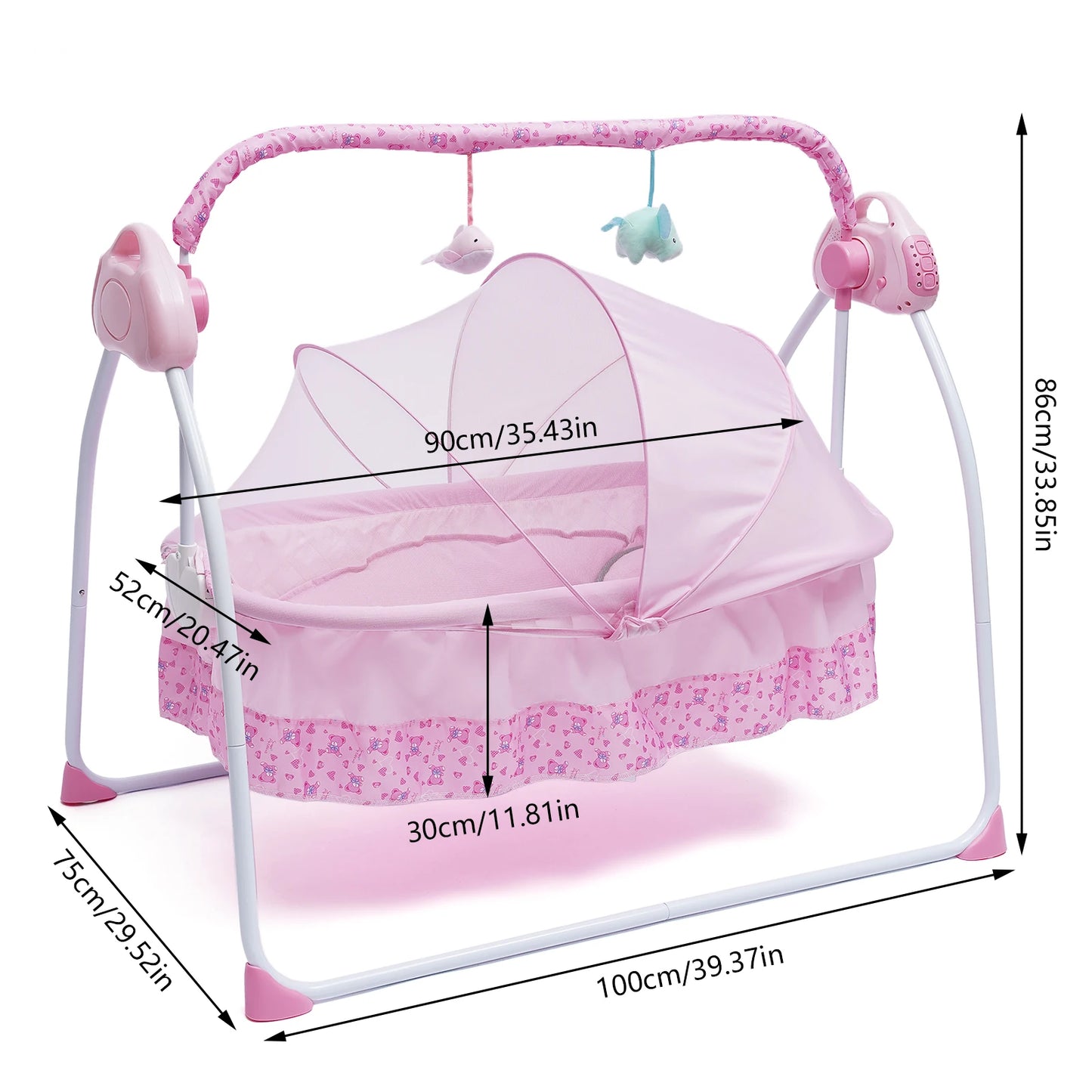 Pink Adjustable Baby Crib Cradle Foldable Electric Auto-Swing Rocking Bassinet Timer Bluetooth