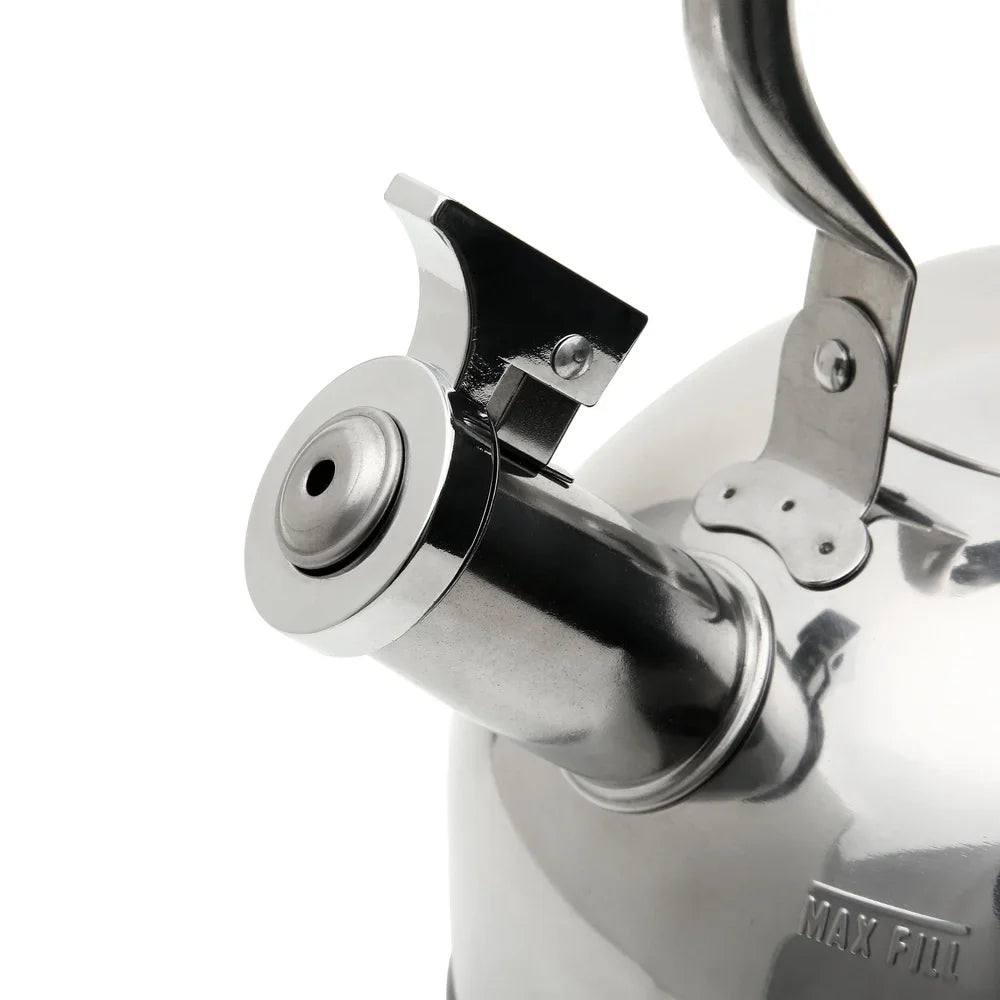 Stainless Steel Whistling Tea Kettle Induction Compatible 25L Durable Polished Kitchen Accessory Clear Fill Lines Easy Grip
