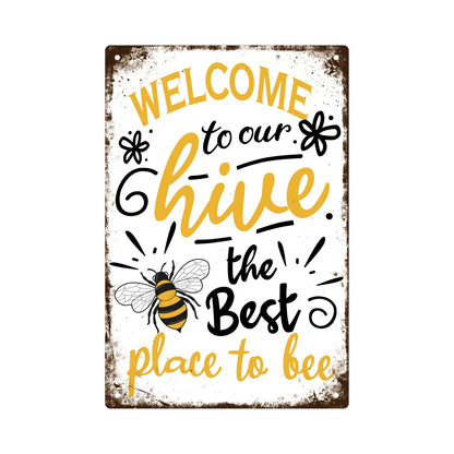 Welcome Metal Signs, Tin Plaque Painting Retro Bee Decoration Plate Iron Wall Art Decor for Home Bedroom Farm